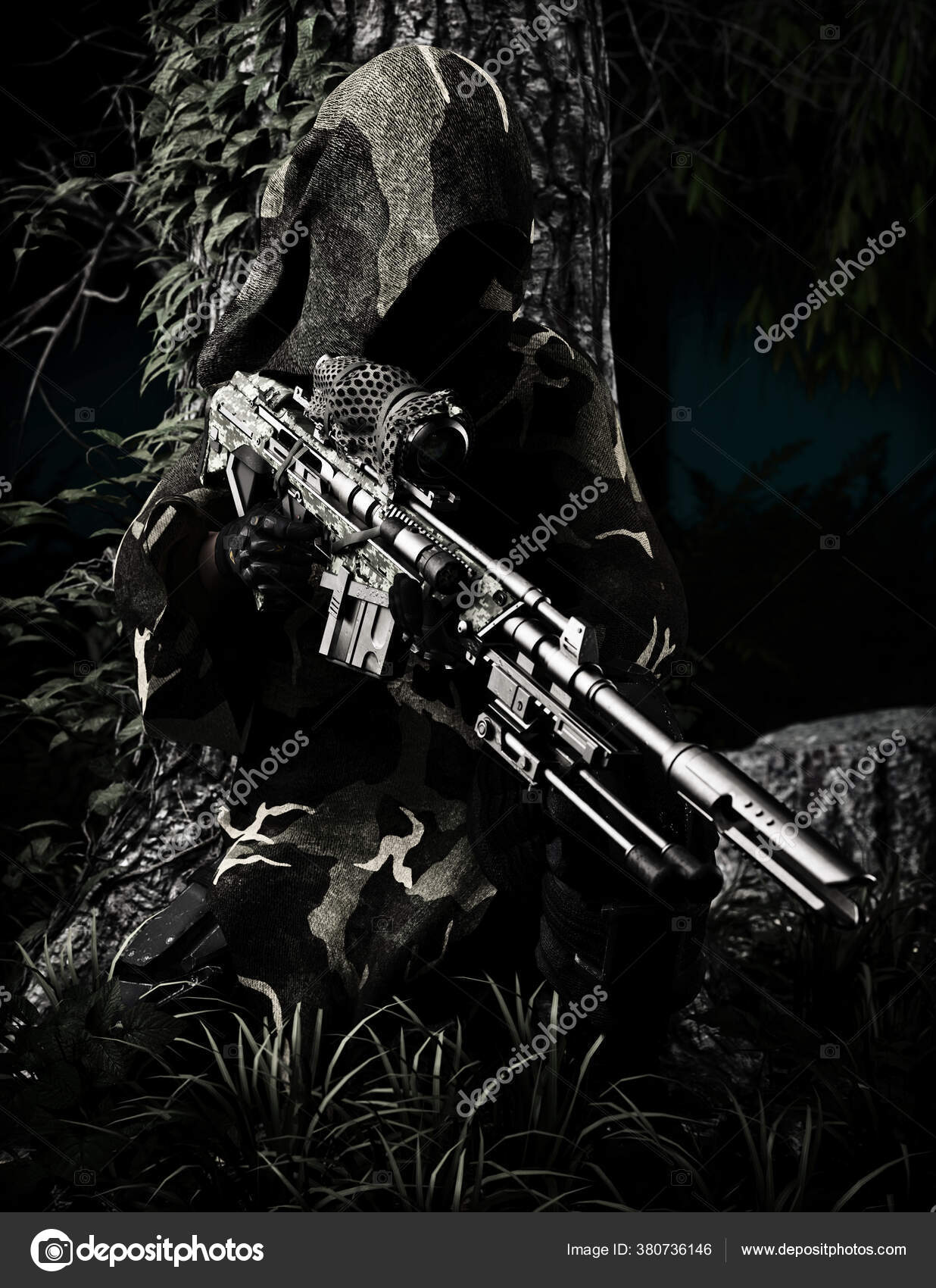 Camouflaged Military Sniper Waits Silently Thick Forest Terrain Rendering  Stock Photo by ©digitalstorm 380736146